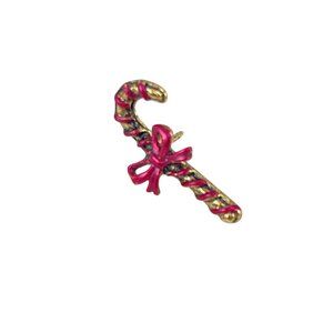 Vintage Candy Cane Lapel Pin Brooch With Red Bow Accent Gold Red Colors